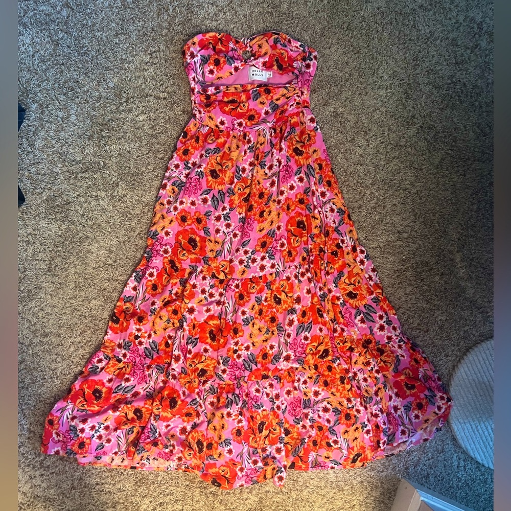 Hello Molly Strapless Floral Midi Dress in Pink & Orange